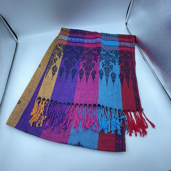 Pashmina Scarf Wrap Shawl 100% Pashmina Multicolor Fringe Boho 68x27 In - Picture 4 of 9